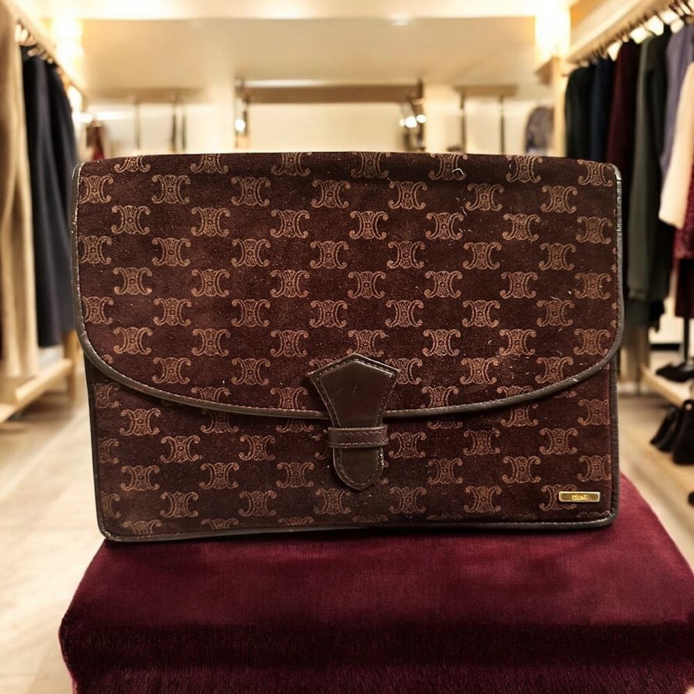 Celine Brown Gold Monogram Suede Clutch